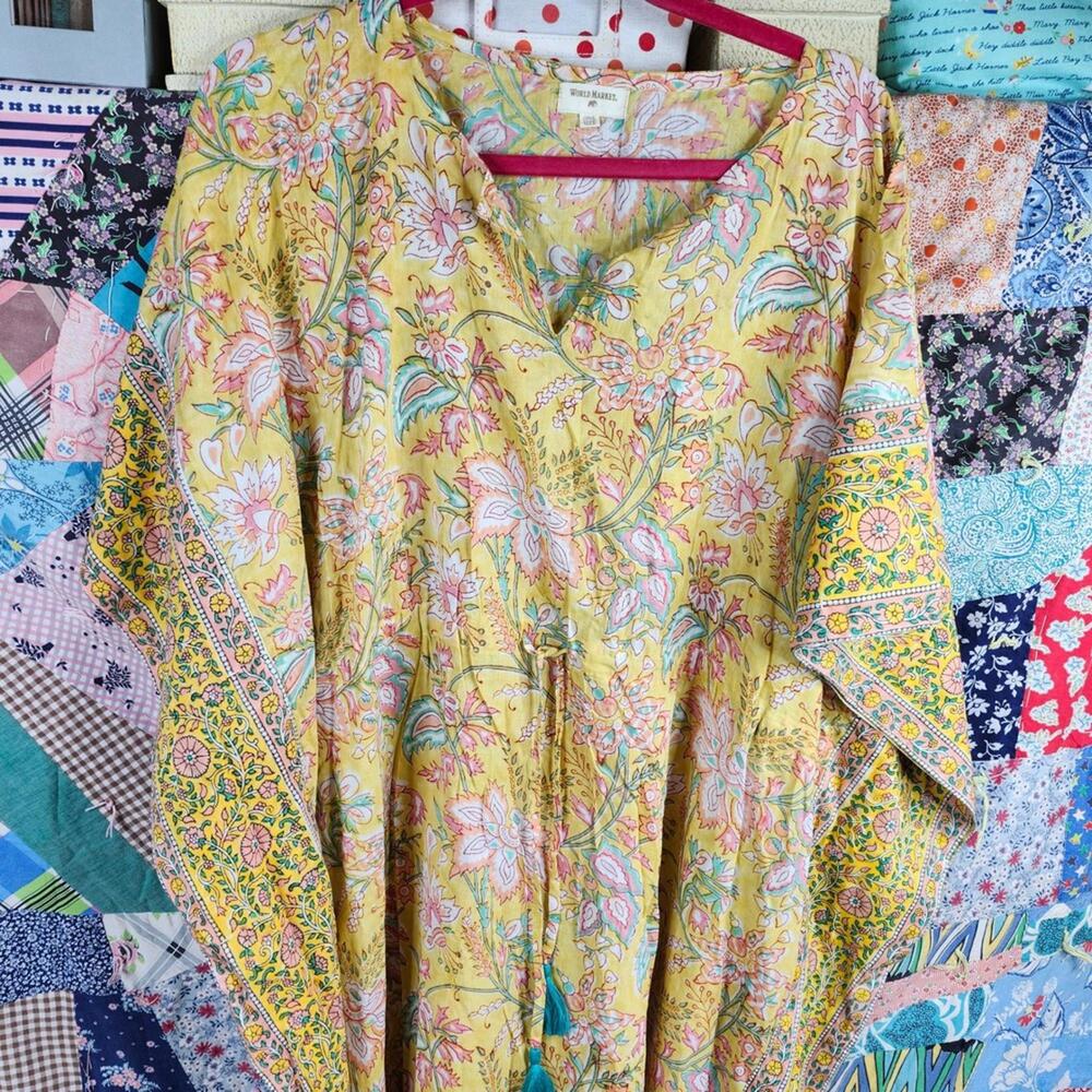 World Market Yellow Floral Maxi Dress Caftan with Tassel Detail One Size - Picture 2 of 6